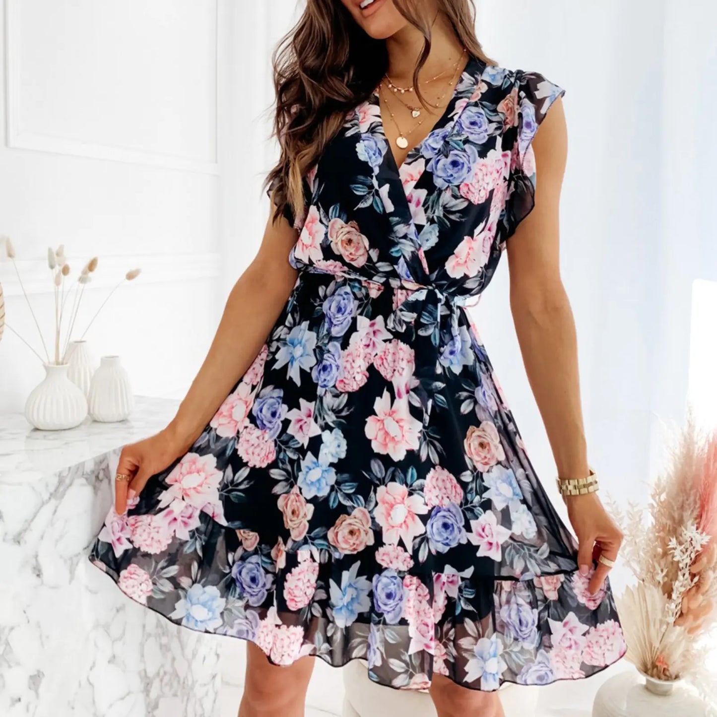 Floral V Neck Bohemian Summer Midi Dress for Women
